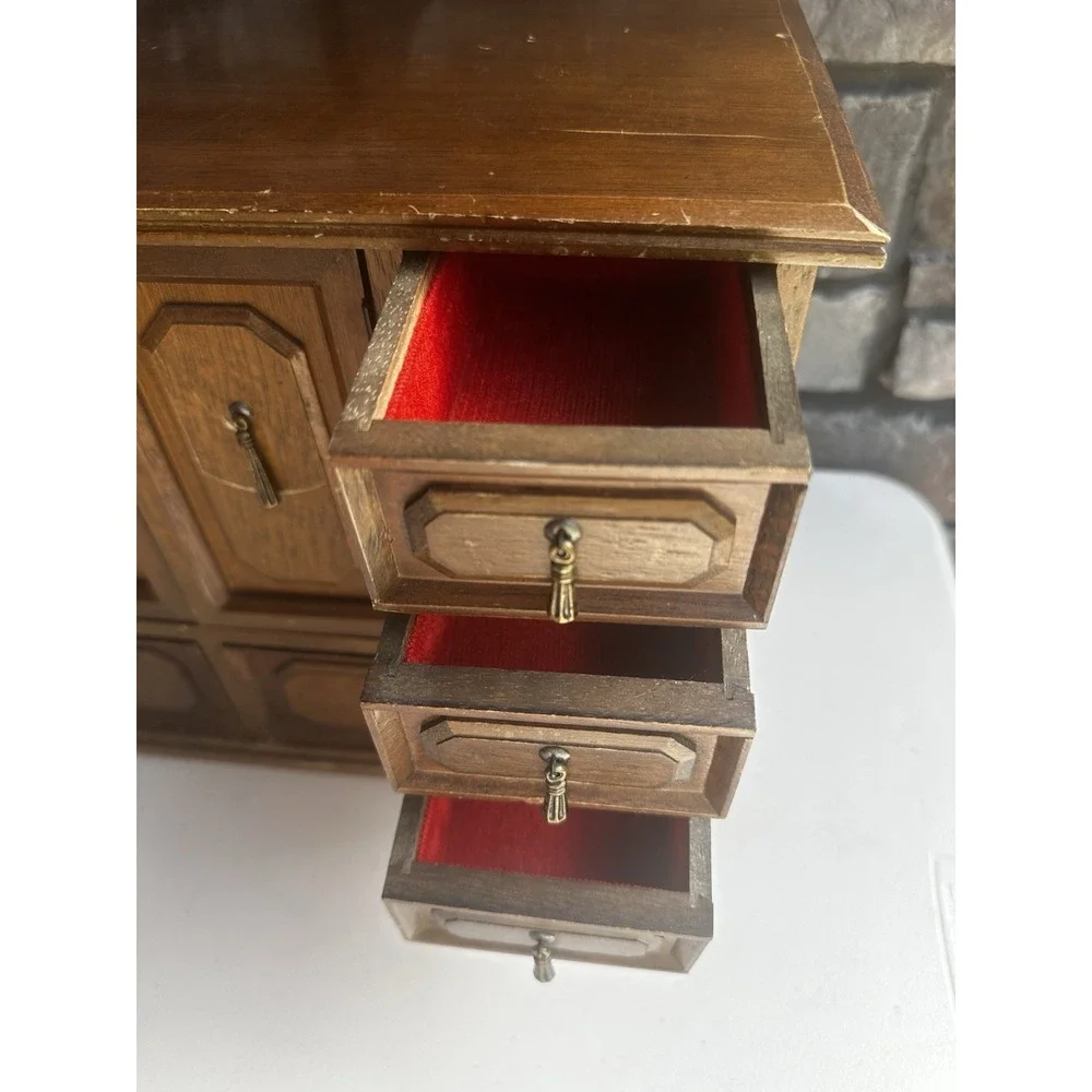 Vintage MCM Kellerman Wooden Jewelry Keepsake Box Case Chest 11 Drawers Cottage